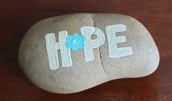 Rock with Hope painted on it with white letters and a blue pedaled flower as the letter O
